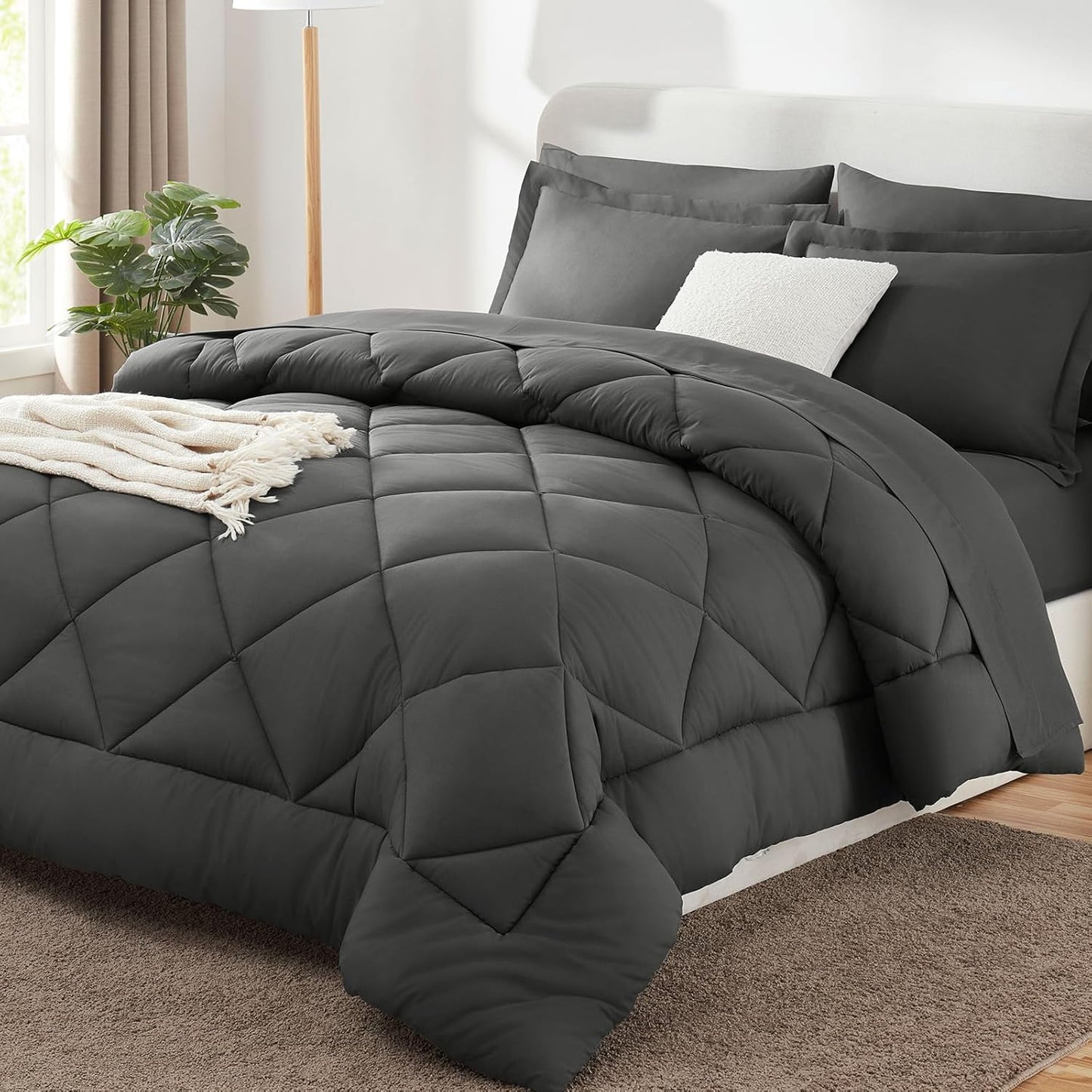 Queen Comforter Set Dark Grey - Bed in a Bag Queen Size 7 count, Luxury Soft Bed Set , Bedding Set with