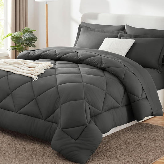 Queen Comforter Set Dark Grey - Bed in a Bag Queen Size 7 count, Luxury Soft Bed Set , Bedding Set with