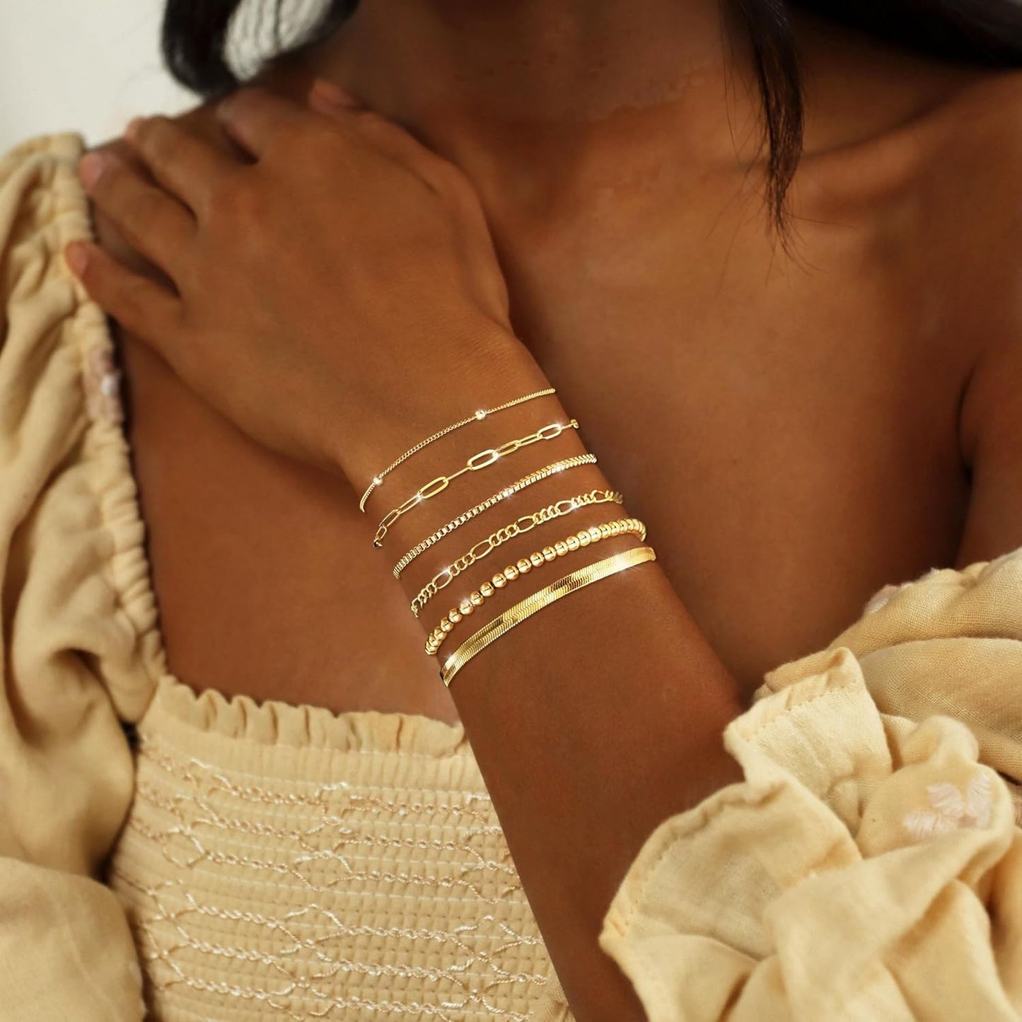 Gold Bracelets for Women Waterproof, 14K Real Gold Jewelry Sets Trendy Thin Dainty Stackable Cuban Link