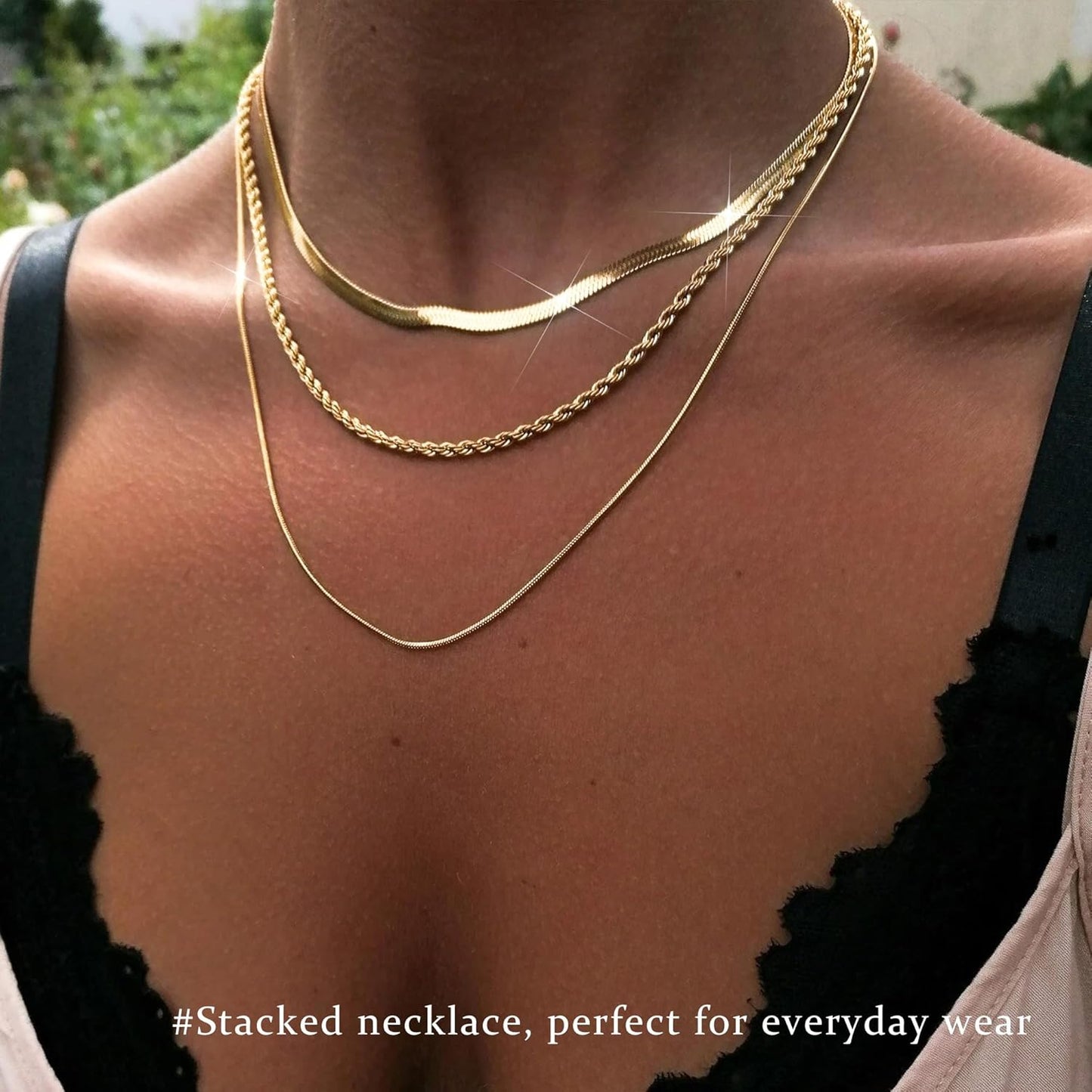 14K Gold Plated Layered Necklace Set - 3Pcs Cuban/Herringbone/Paperclip Chains, Stackable Gift