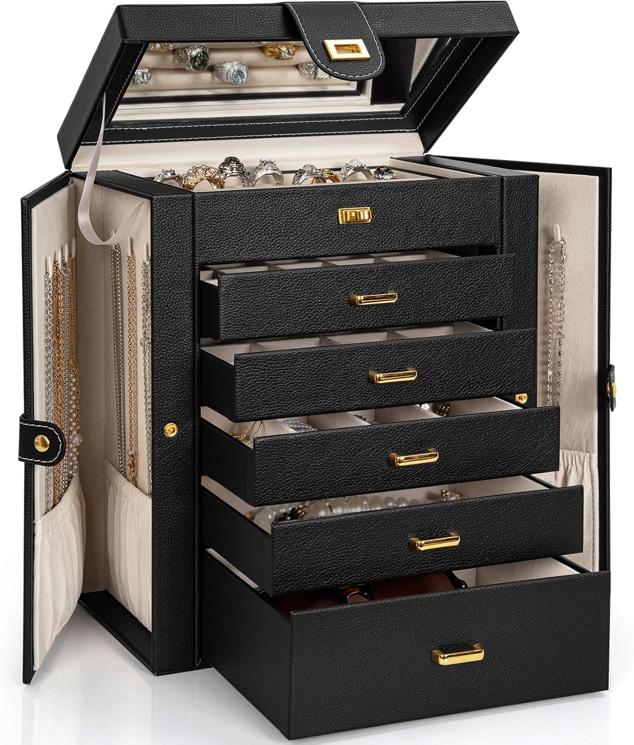 6-Tier Jewelry Box Organizer with 5 Drawers Leather Jewelry Storage Case for Women Girls Holder Organizer with Mirror