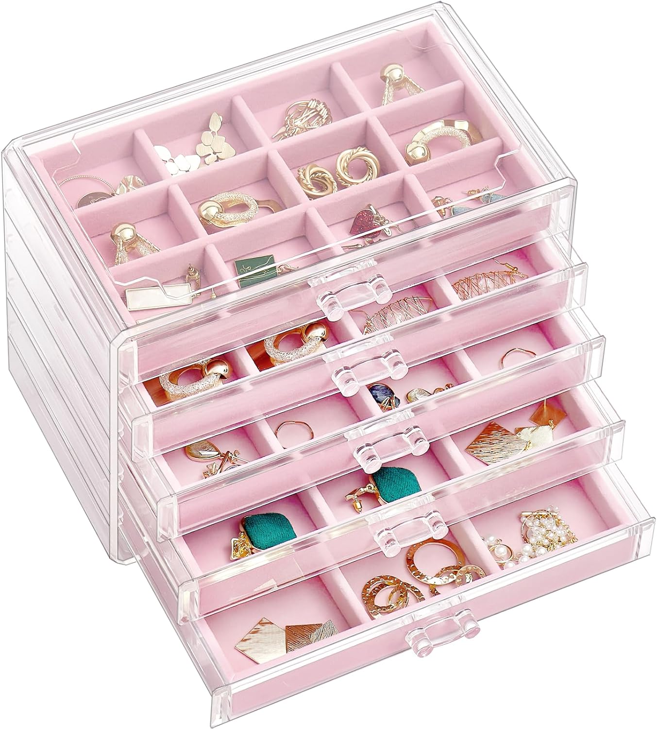 5 Layers Earring Holder Organizer Jewelry Box with 5 Drawers, Acrylic Clear Earring Case with