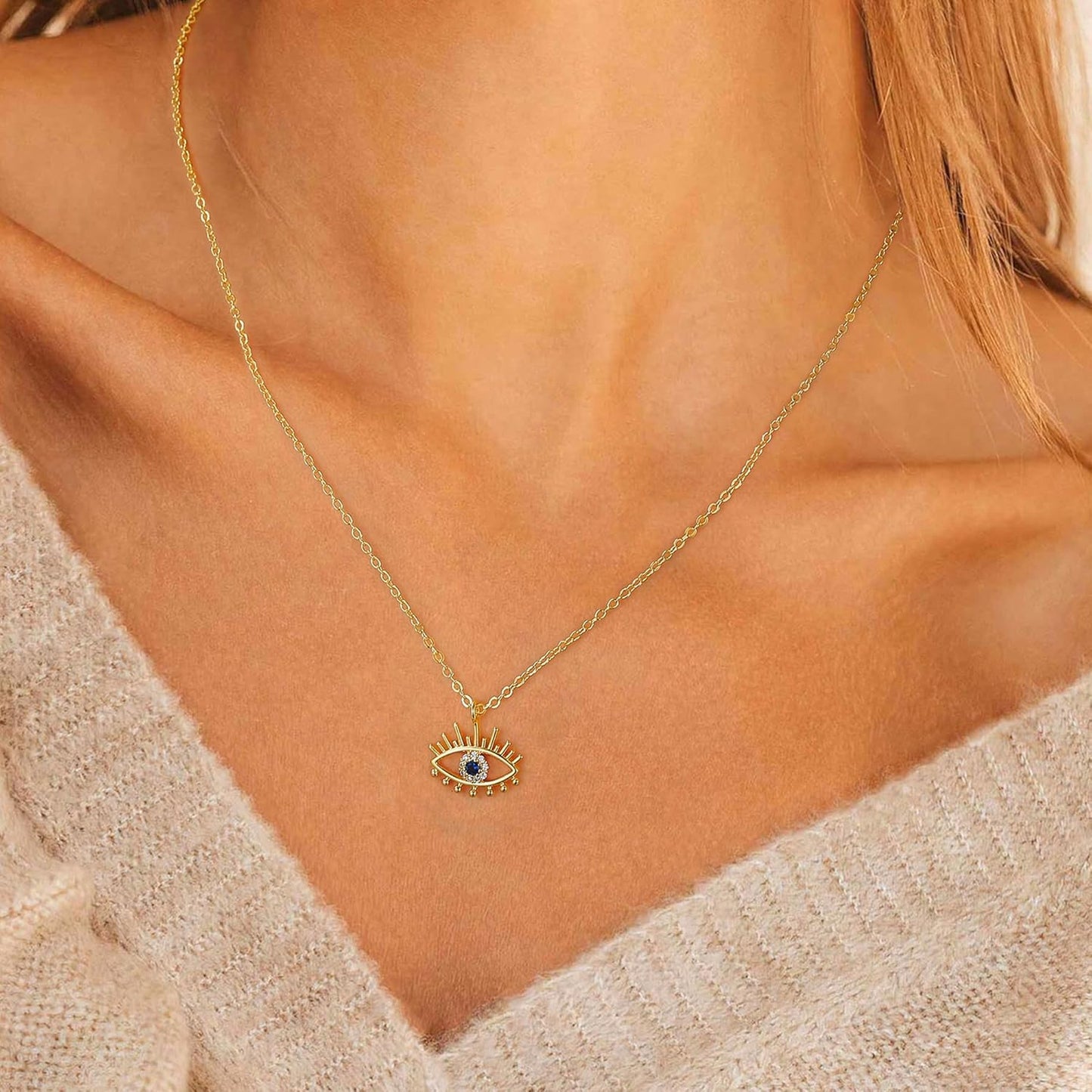 Evil Eye Necklace: 14K Gold Plated Blue CZ Diamond Boho Pendant for Women, Protection Gift