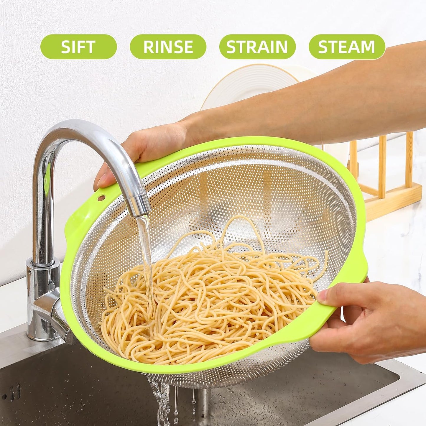 Colander Stainless Steel Microporous, 2QT Rice Strainer with Mixing Bowl, Rice Washer Bowl Set with Handle