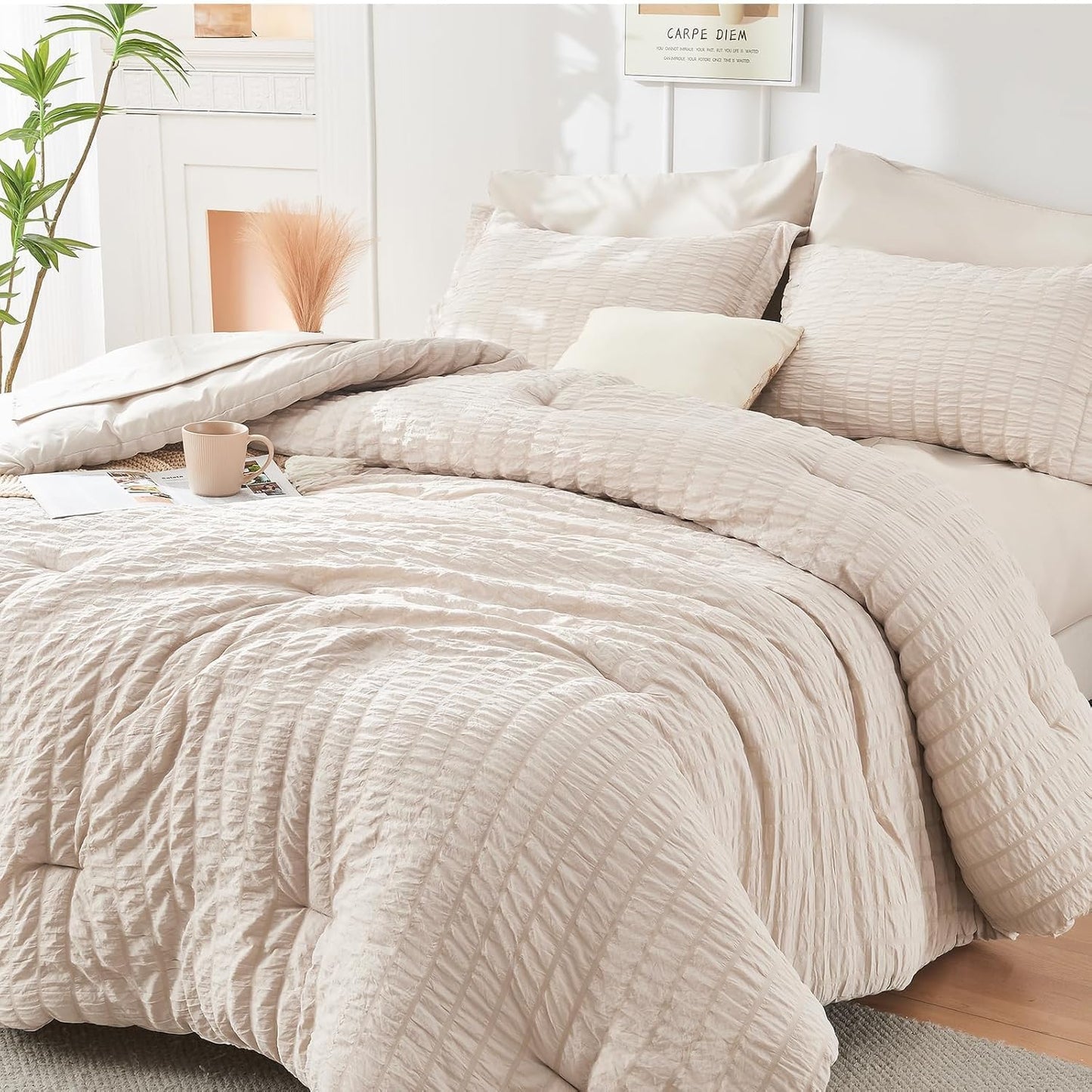 Queen Comforter Set Seersucker 7 count, All Season Luxury Bed in a Bag for Bedroom