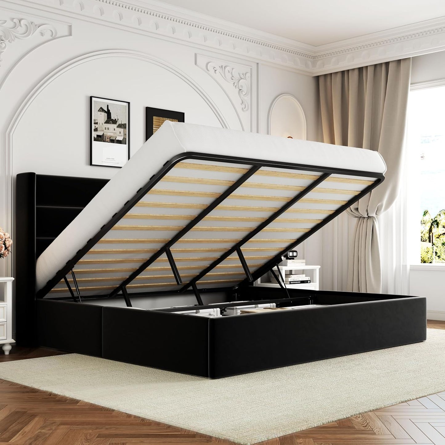 King Size Lift Up Storage Bed, Modern Wingback Headboard, Hydraulic Support, No Box Spring Needed