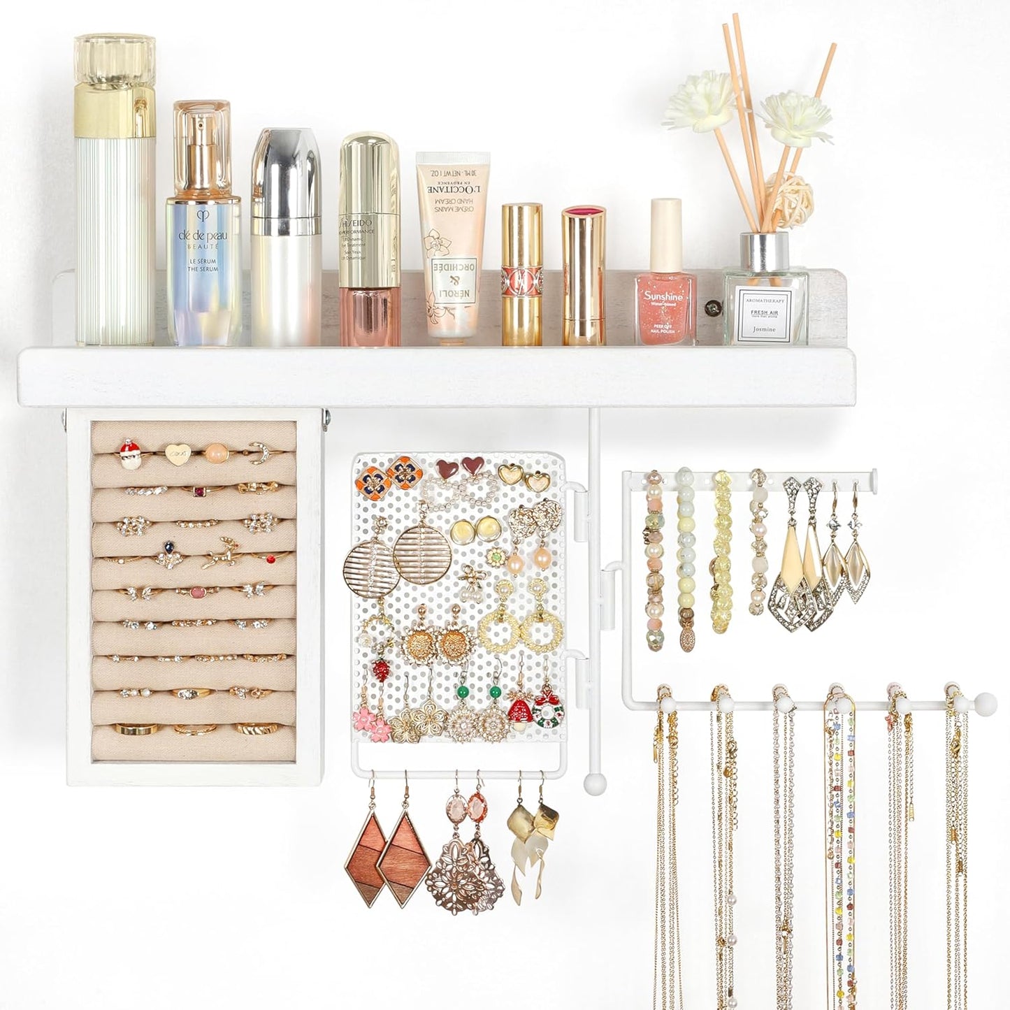 Hanging Jewelry Organizer Wall Mount with Rustic Wood Shelf, Ring Display Box, Rotating Necklace Holder Organizer