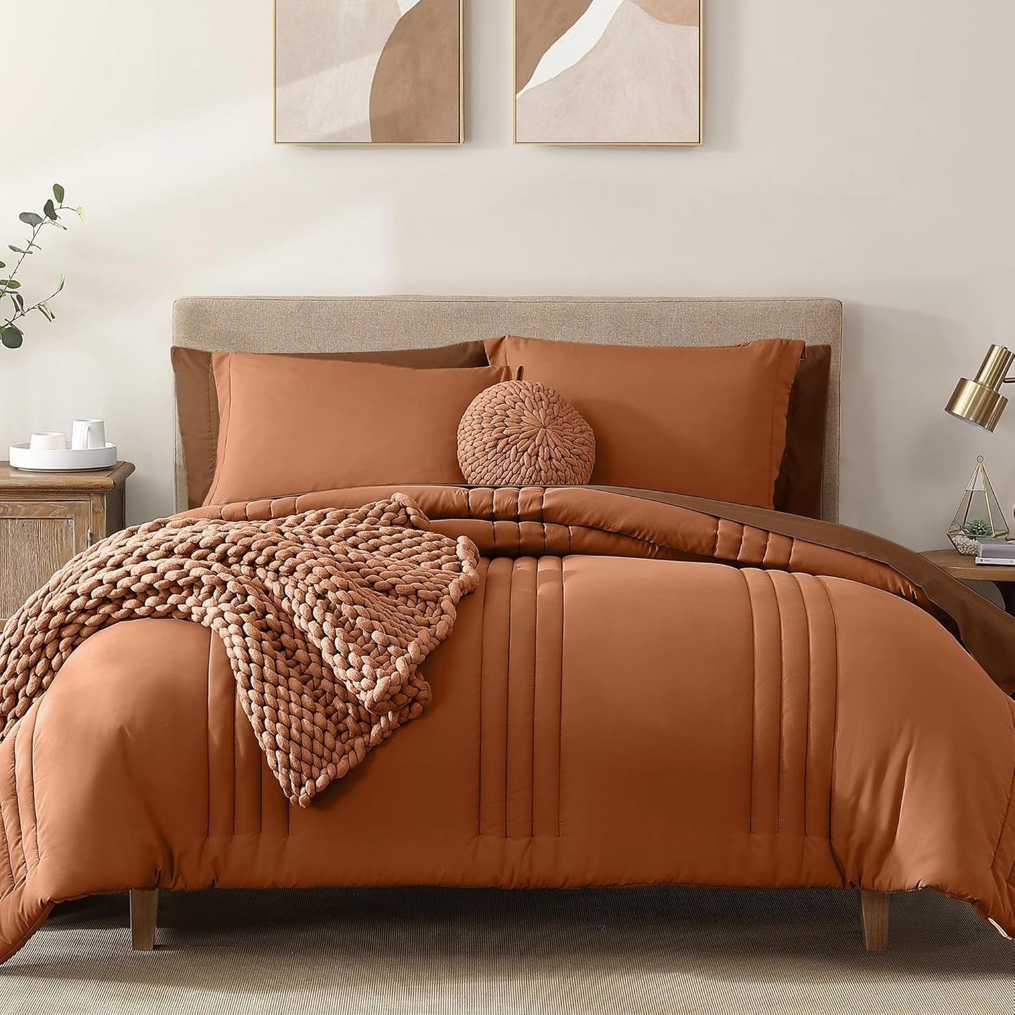 Queen Comforter Set - 7 count Beige Bed in a Bag Queen Bedding Sets , All Seasons