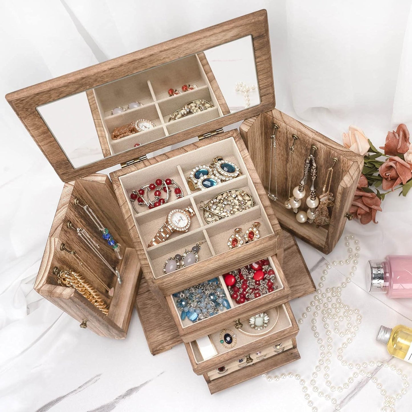 Rustic Wooden Jewelry Boxes & Organizers with Mirror, 4 Layer Jewelry Organizer Box (Rustic Brown)