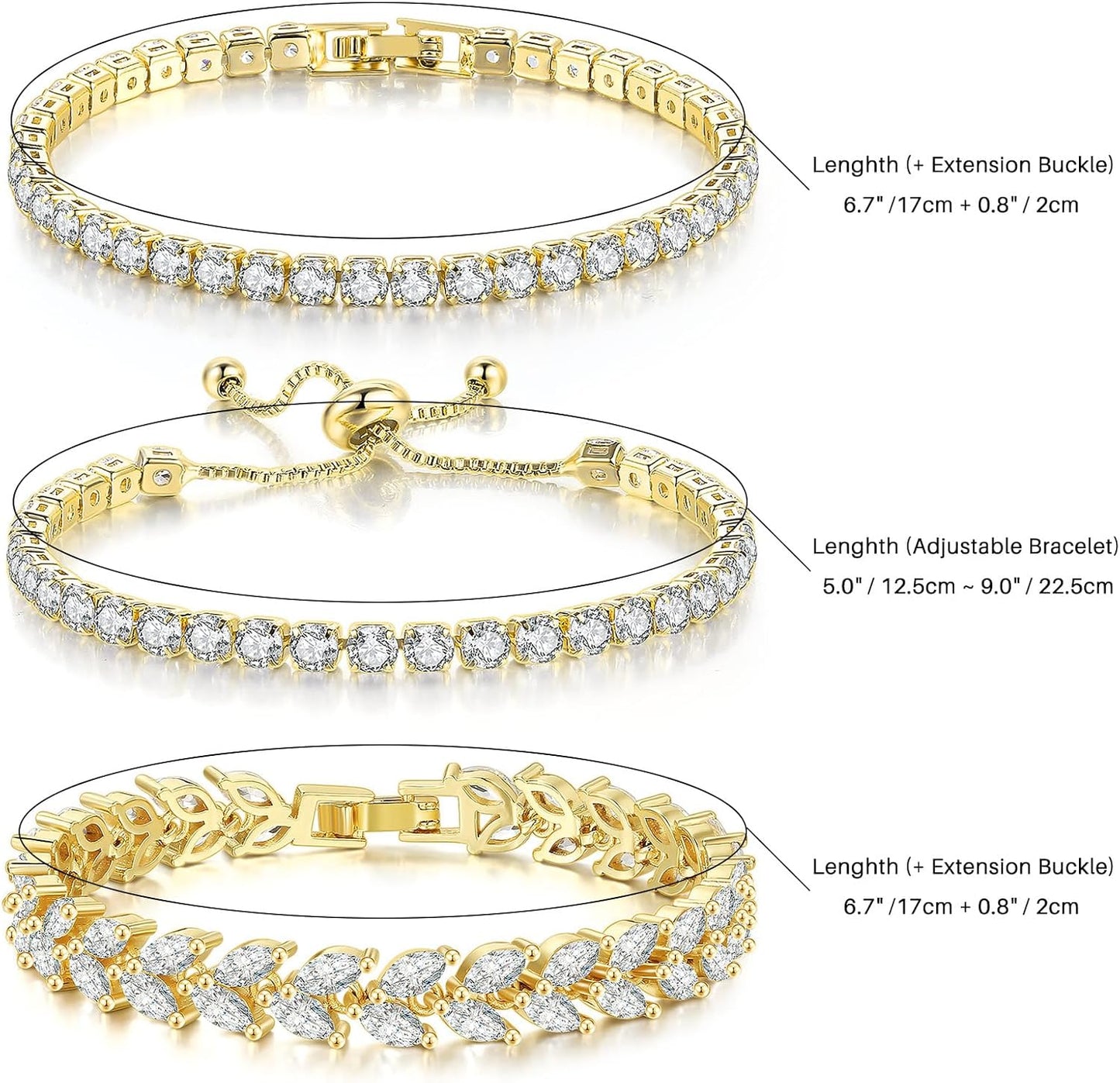 3 Pcs Tennis Bracelet Set 14K Gold Plated Marquise Cubic Zirconia CZ Diamond Dainty Adjustable Silver Bracelets for