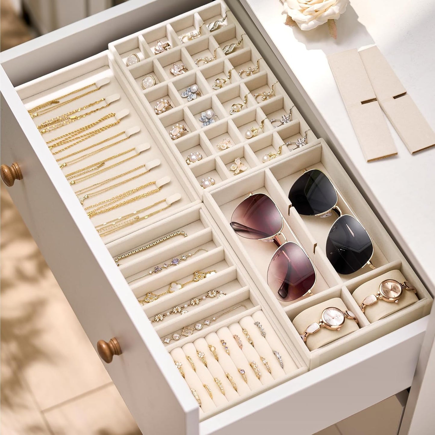 Stackable 4-Layer Jewelry Tray Set for Earrings, Rings, Necklaces, Bracelets with Removable Dividers for Dresser & Vanity