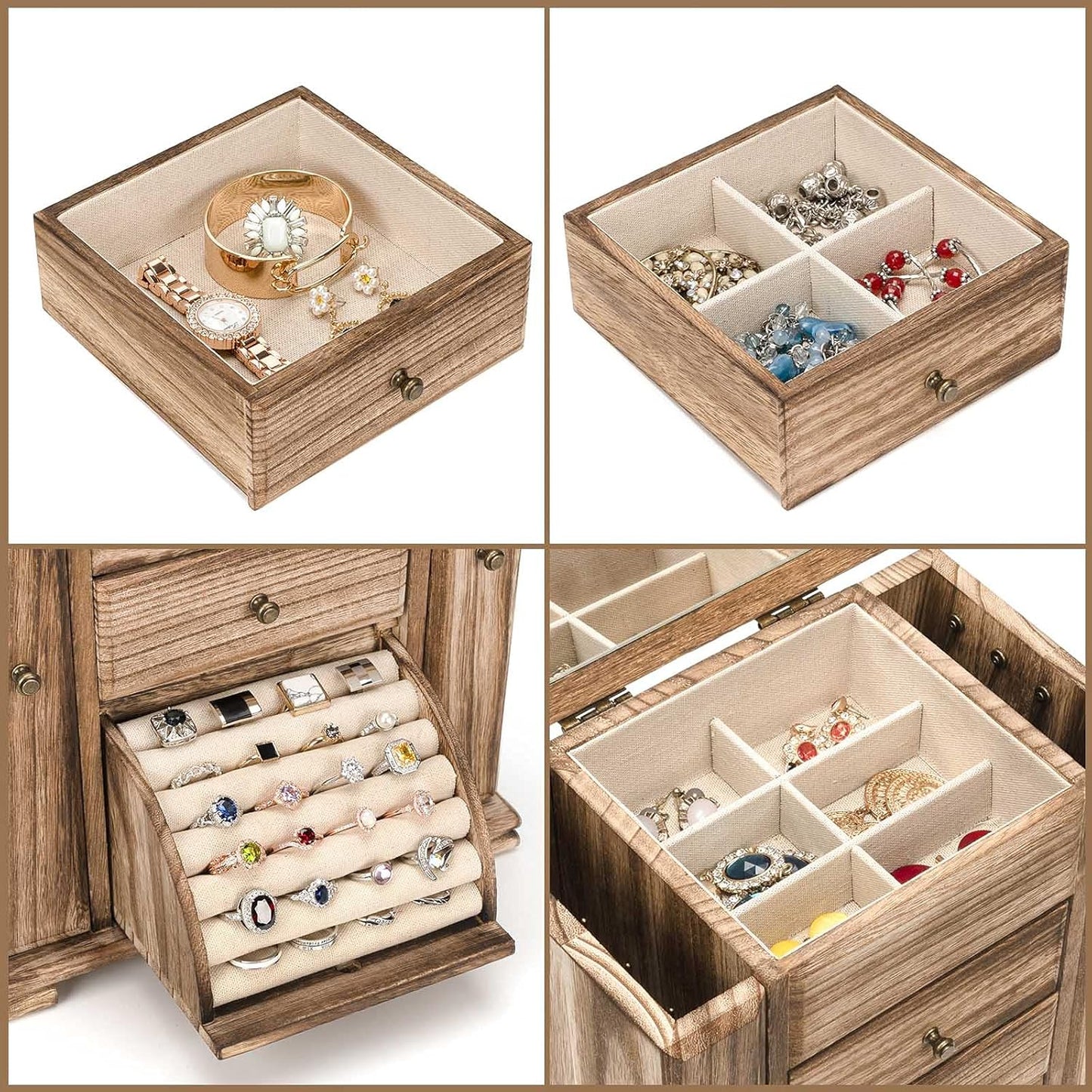 Rustic Wooden Jewelry Boxes & Organizers with Mirror, 4 Layer Jewelry Organizer Box (Rustic Brown)