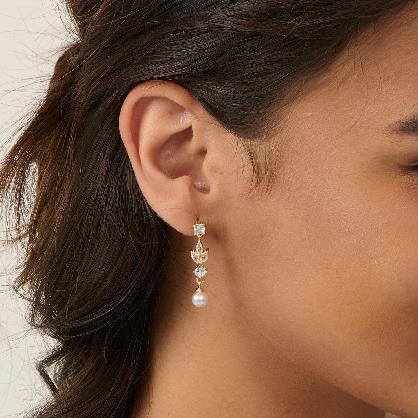 Pearl Earrings: 14k Gold-plated Cubic Zirconia Accented Pearl Drop Dangle Wedding Engagement Earrings For Women Bridal Bridesmaid