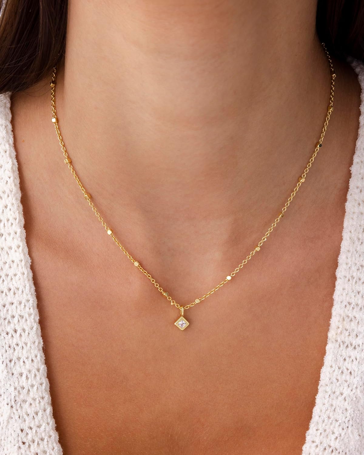 14K Gold Beaded Chain Necklace with Solitaire CZ Pendant