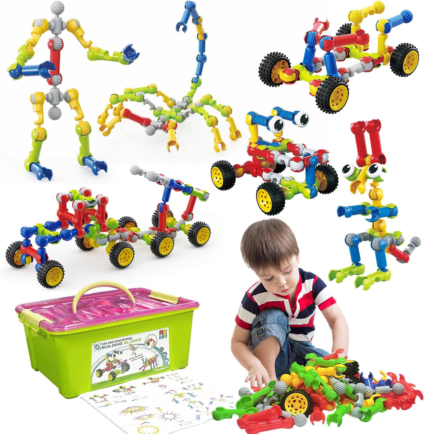 OMOMMD Stem Building Toys for 3 4 5 6 7 8 Year Old Boys Girls Kids,180 Pieces Building Blocks Educational Learning Toys with Large Storage Box,Ideal Christmas Birthday Gifts