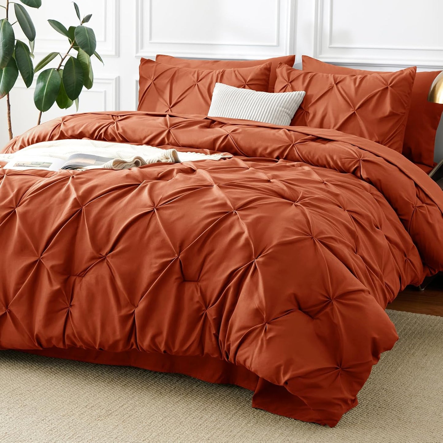Queen Comforter Set Black, 7 count Pintuck Bed in A Bag, Premium Black Comforter Queen Size