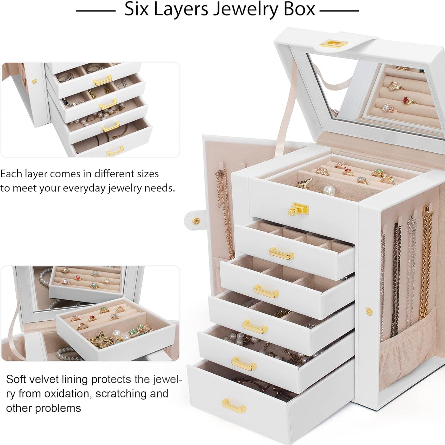6-Tier Jewelry Box Organizer with 5 Drawers Leather Jewelry Storage Case for Women Girls Holder Organizer with Mirror