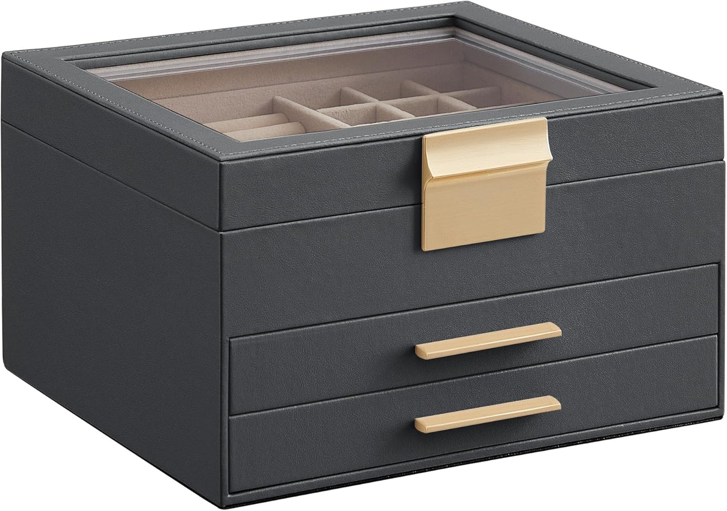 Jewelry Box Organizer with Glass Lid, 3-Layer Jewelry Storage, with 2 Drawers, Modern Style,Interstellar Gray and Gold Color