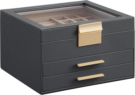 Jewelry Box Organizer with Glass Lid, 3-Layer Jewelry Storage, with 2 Drawers, Modern Style,Interstellar Gray and Gold Color