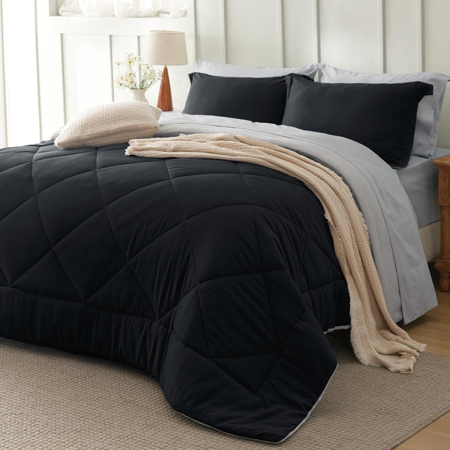 Queen Comforter Set - 7 count Reversible Grey Bedding, Queen Size Bed Set for All Seasonsz