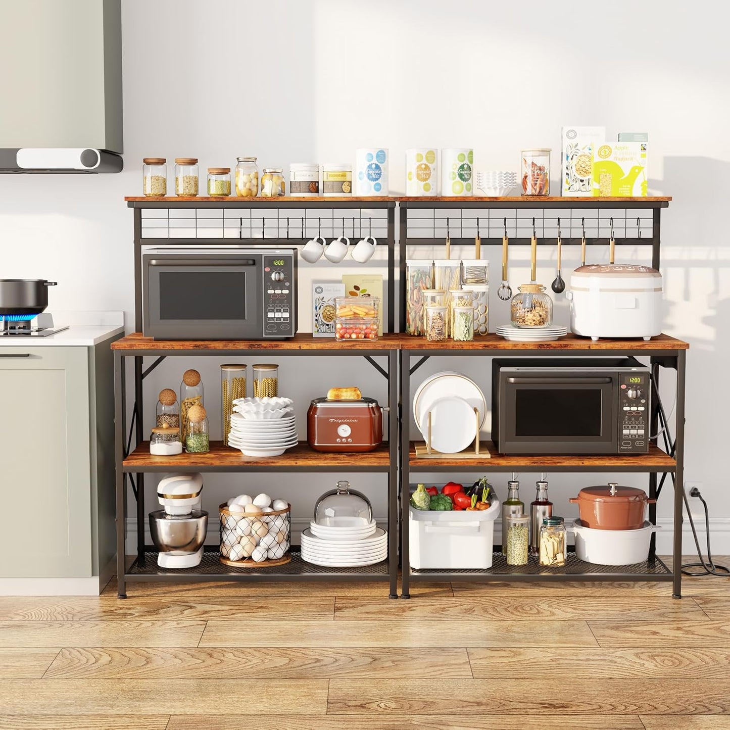 Coffee Bar Station with a 31.5 Inch Larger Desktop and 8 S Hooks,Kitchen Microwave Rack for Spices,Pots