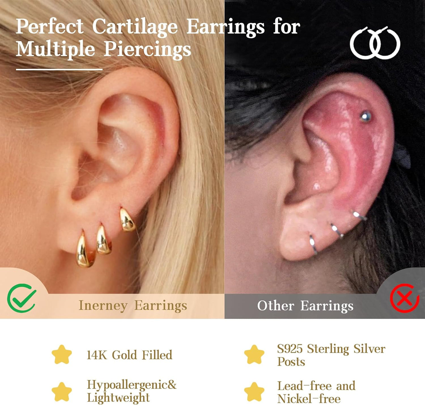 Inerney Gold Huggie Hoop Earrings Set for Women, Dainty Small Sterling Silver Earring Stacks Hypoallergenic Jewelry for Multiple Piercings