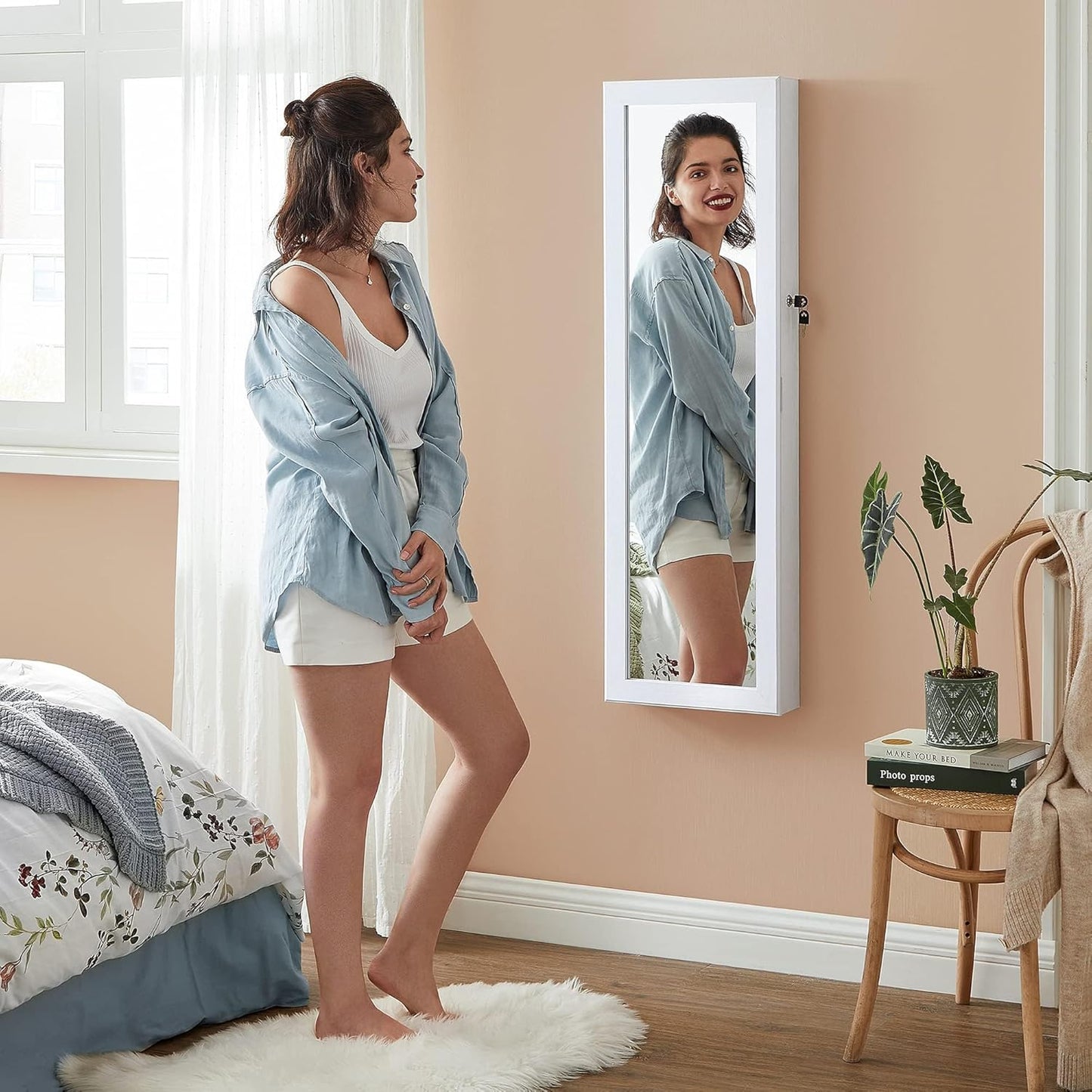 6 LEDs Mirror Jewelry Cabinet, Tall Lockable Wall or Door Mounted Jewelry Armoire Organizer