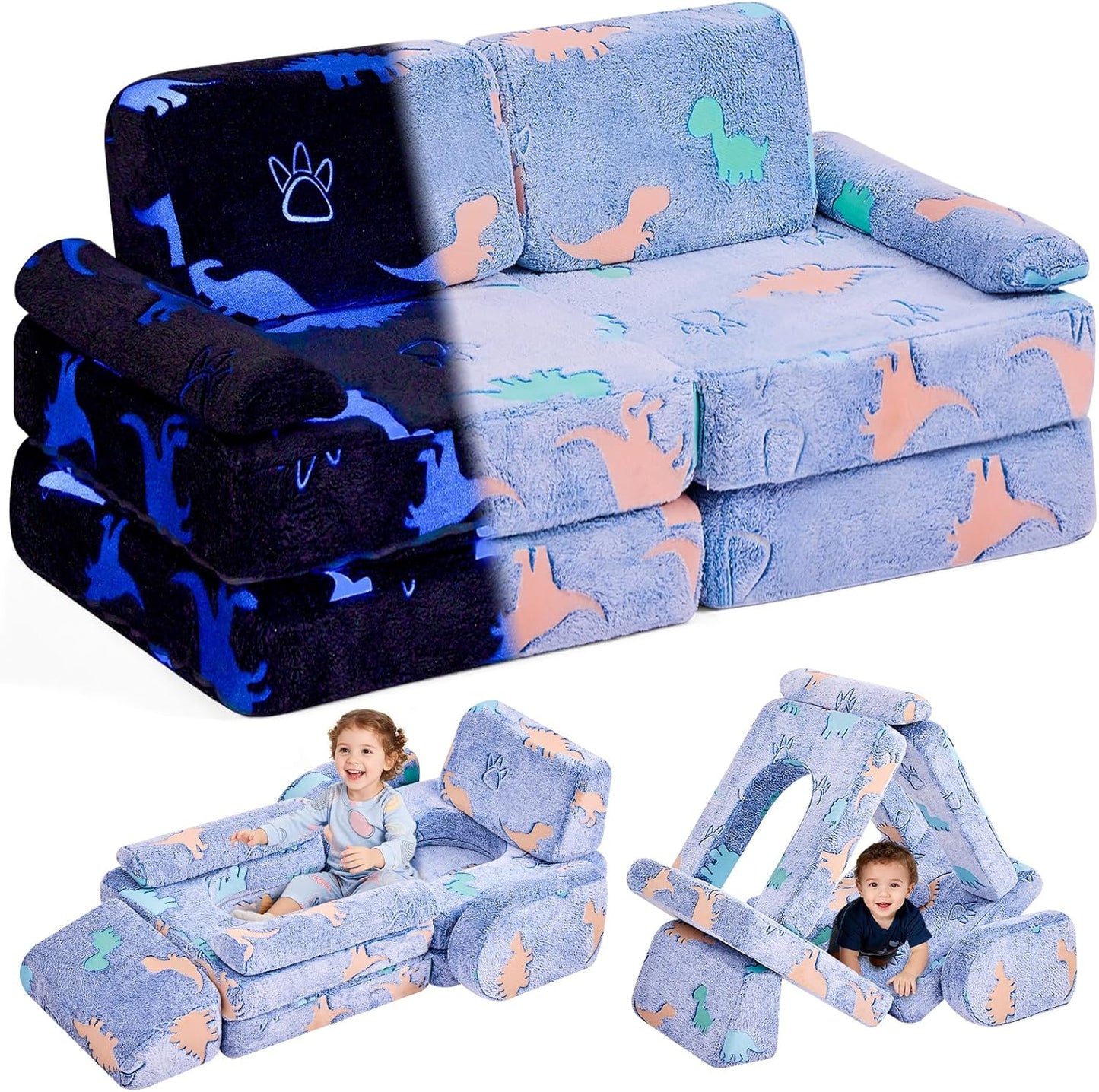 Modular Kids Sectional,Bedroom and Playroom Furniture,Convertible Foam and Floor Cushion ,Glow in The Dark