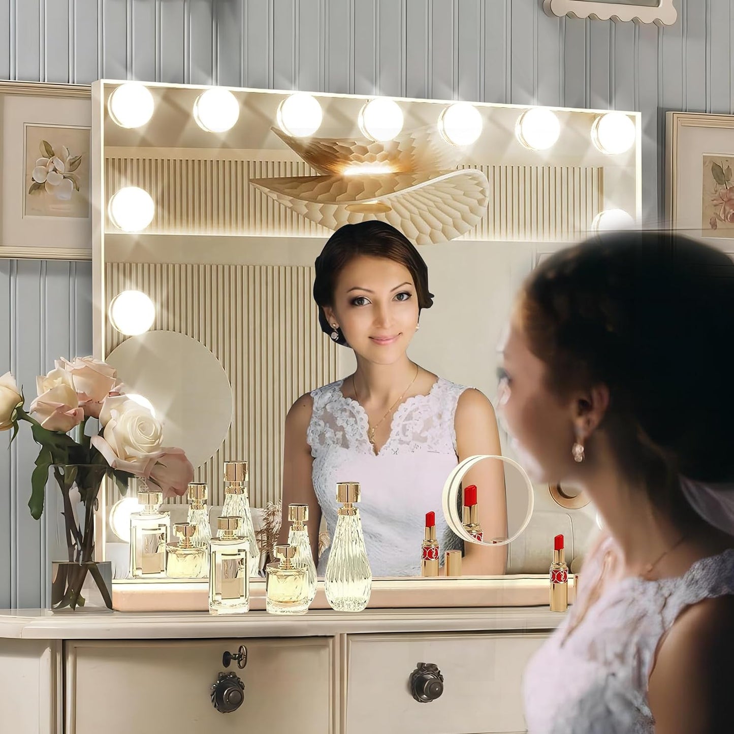 Vanity Mirror with Lights, 15 Dimmable Bulbs, 3 Color Lights,Make Up Lighted Mirror,  USB Charging Port