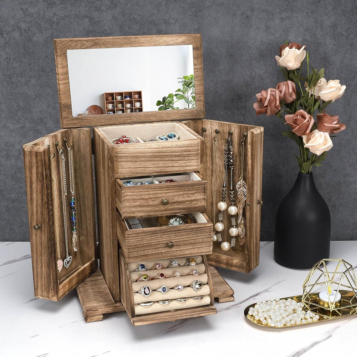 Rustic Wooden Jewelry Boxes & Organizers with Mirror, 4 Layer Jewelry Organizer Box (Rustic Brown)