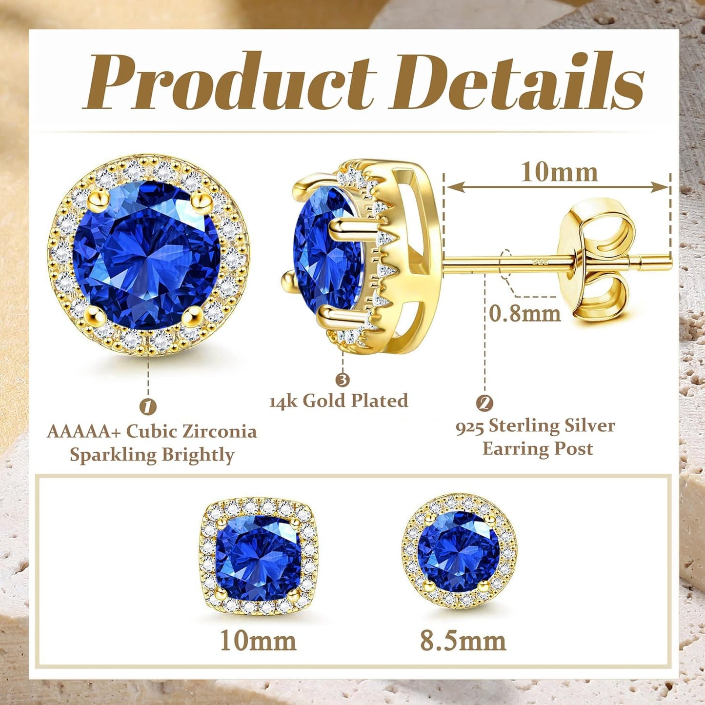 Hayoso 18K Gold Plated Halo Stud Earrings 925 Sterling Silver Cubic Zirconia Stud Earrings Round Square Diamonique Stud
