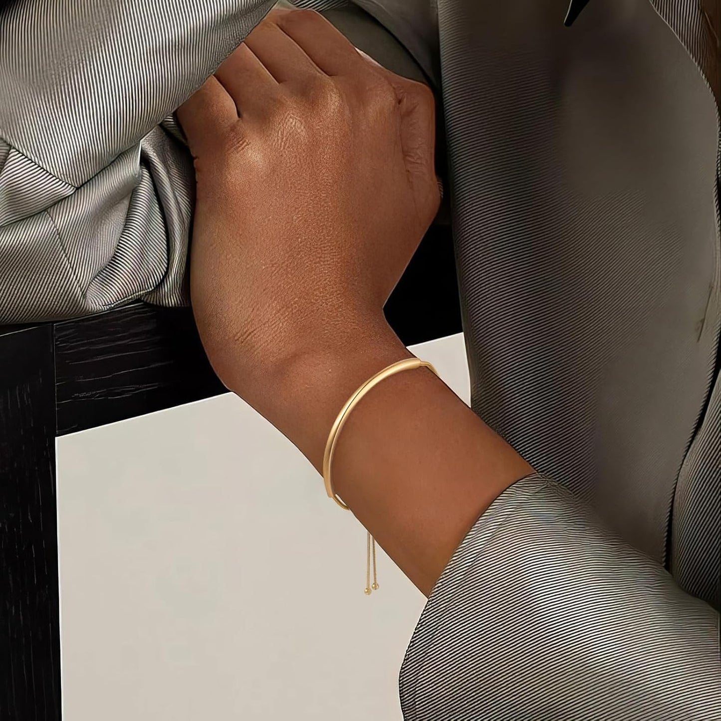 Yowivon Dainty 14K Gold Plated Bracelets for Women, Adjustable Slider Cuff Bangle Bracelets, Gold Curved Bar Hammered Bangle