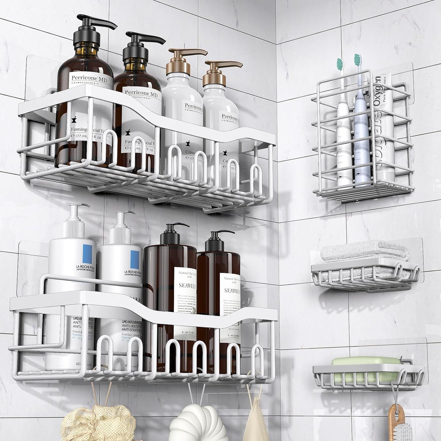 Adhesive Shower Caddy, 5 Pack Rustproof Stainless Steel Bath Organizers , No Drilling Shelves