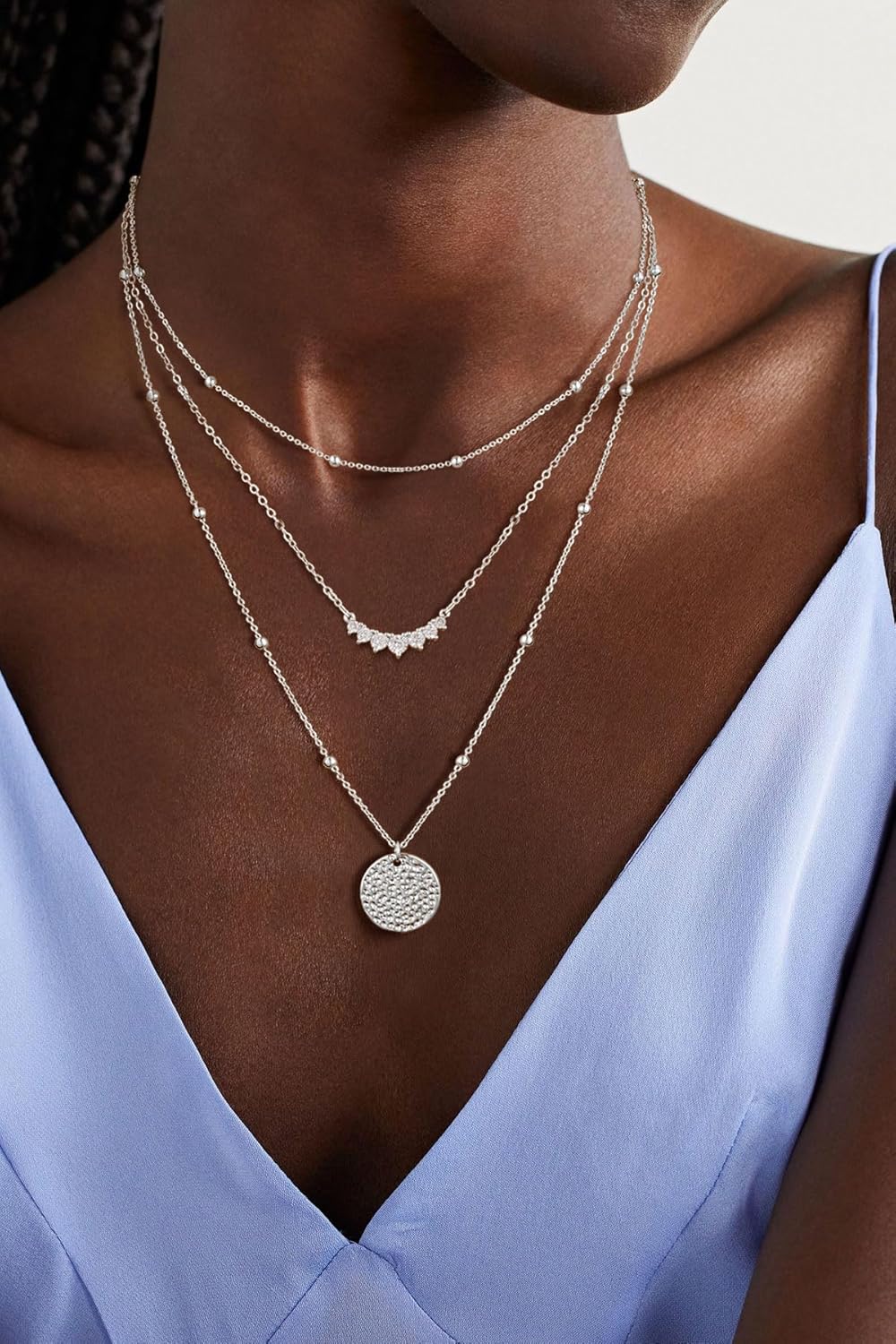 "Layered Sterling Silver Necklace Set for Women, 14K Gold Plated Stackable Choker with Disc Pendant, Dainty Trendy Jewelry"