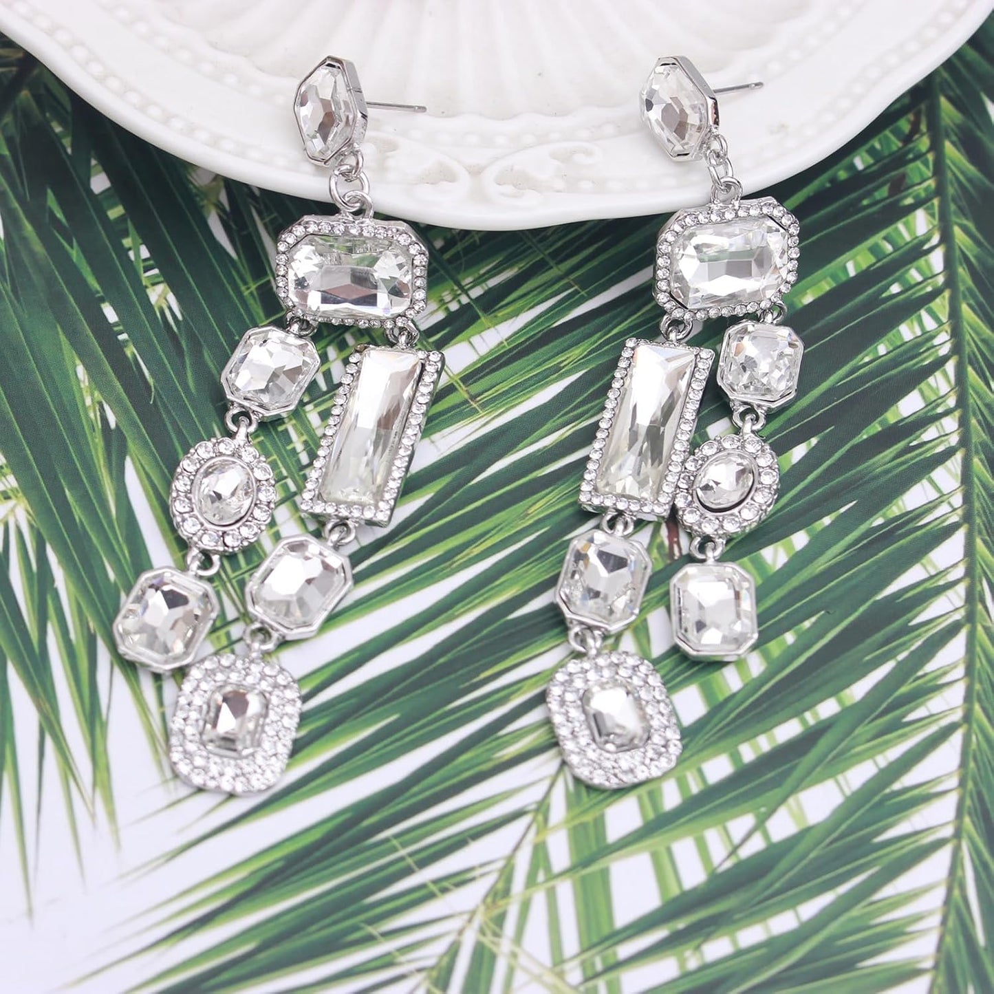 Vintage Rectangle Teardrop Chandelier Earrings, Art Deco Wedding Austrian Crystal Drop Dangle Earrings for Women Party Prom