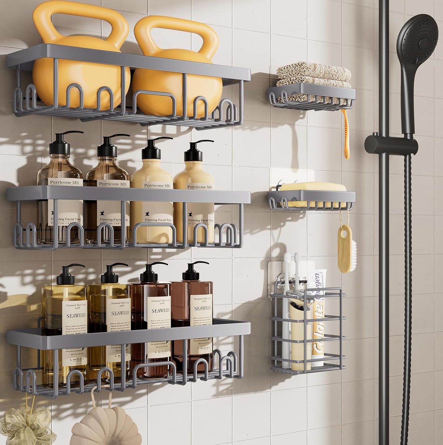Shower Caddy 6-Pack, No Drilling Adhesive Shelves, Rack with Soap Holder,  Organizers and Storage