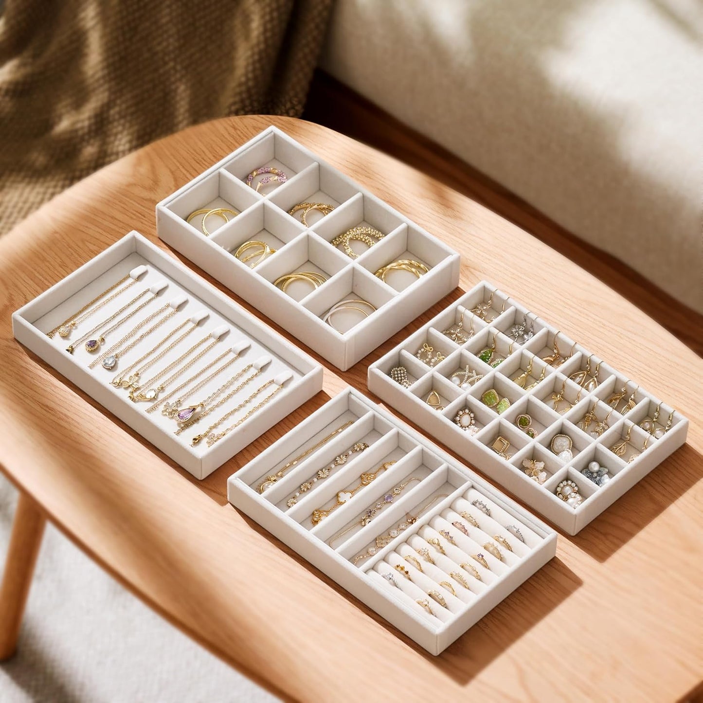 Stackable 4-Layer Jewelry Tray Set for Earrings, Rings, Necklaces, Bracelets with Removable Dividers for Dresser & Vanity