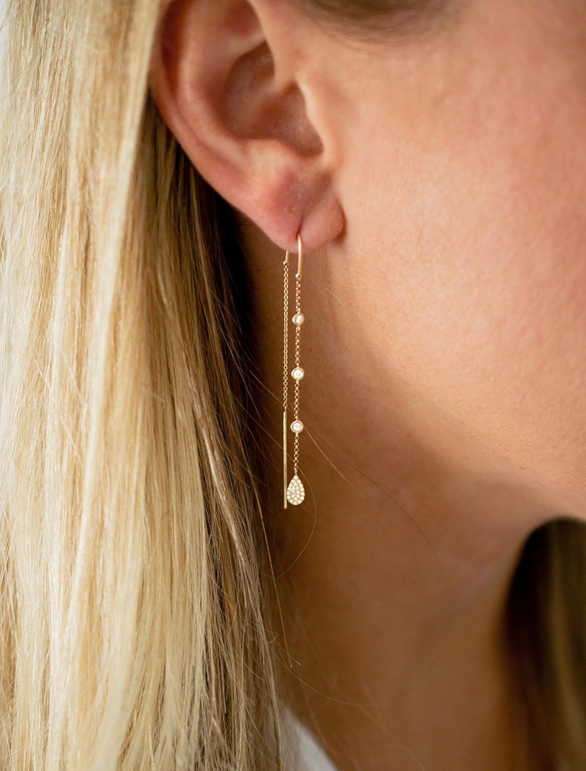 Dangle Threader Earrings for Women: Dainty 14k Gold Plated Drop Long Chain Earrings Trendy  Non Tarnish Elegant Cubic