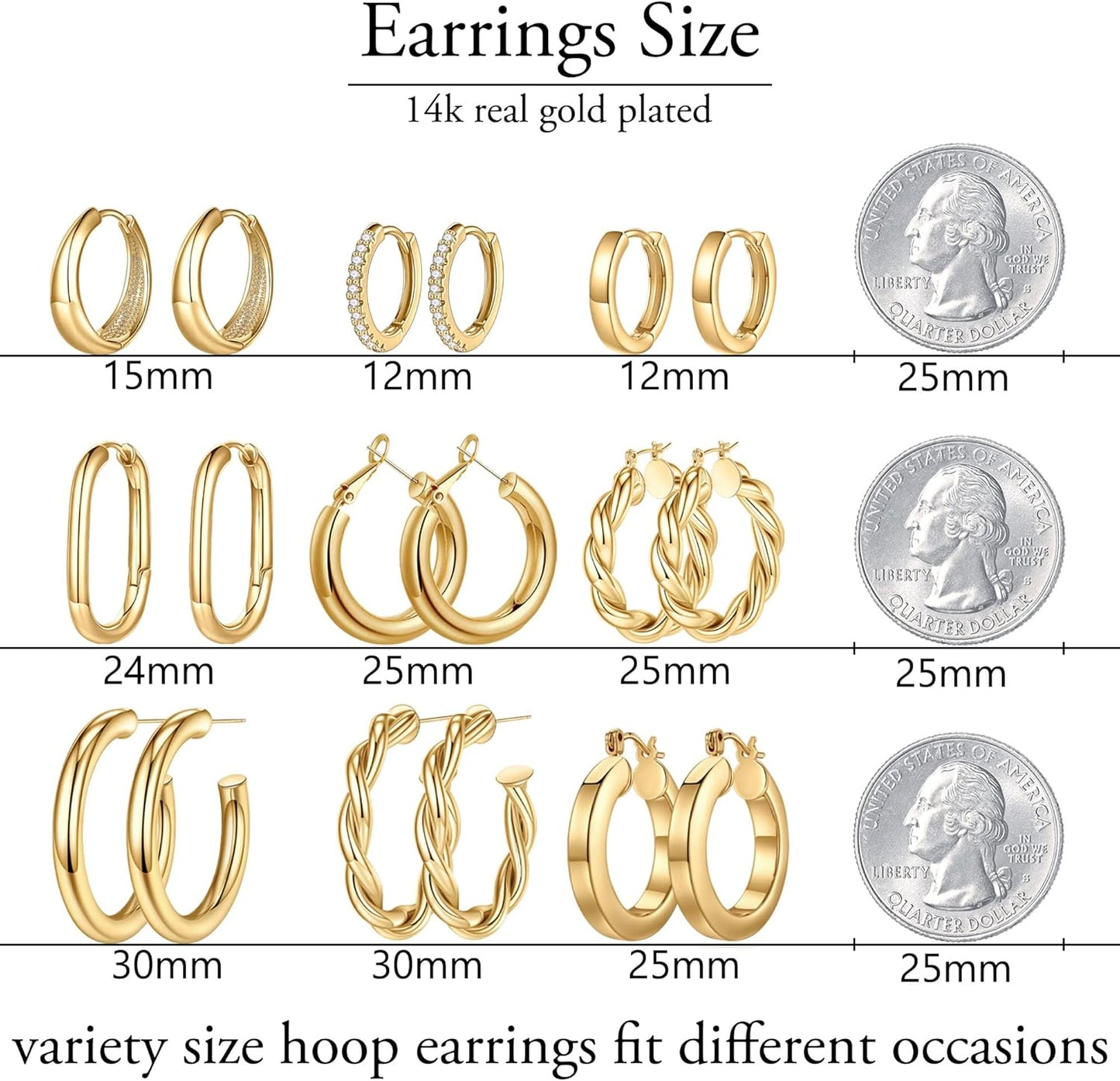 9 Pairs Gold Hoop Earrings for Women, 925 Sterling Silver Post 14K Real Gold Plated Chunky Hoop Earrings Set for Women