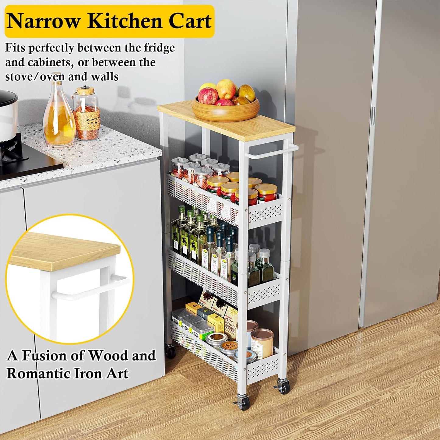 Utility Slim Storage Cart, 4 Tier Small Rolling  Cart with Wood Top, Metal Narrow Bathroom