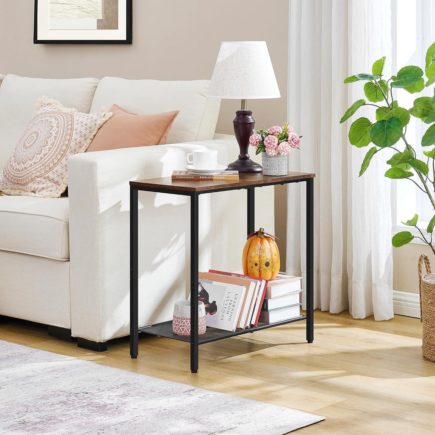 2 Tier End Table, Sofa Side Table, Slim Nightstand for Small Spaces, Metal Frame