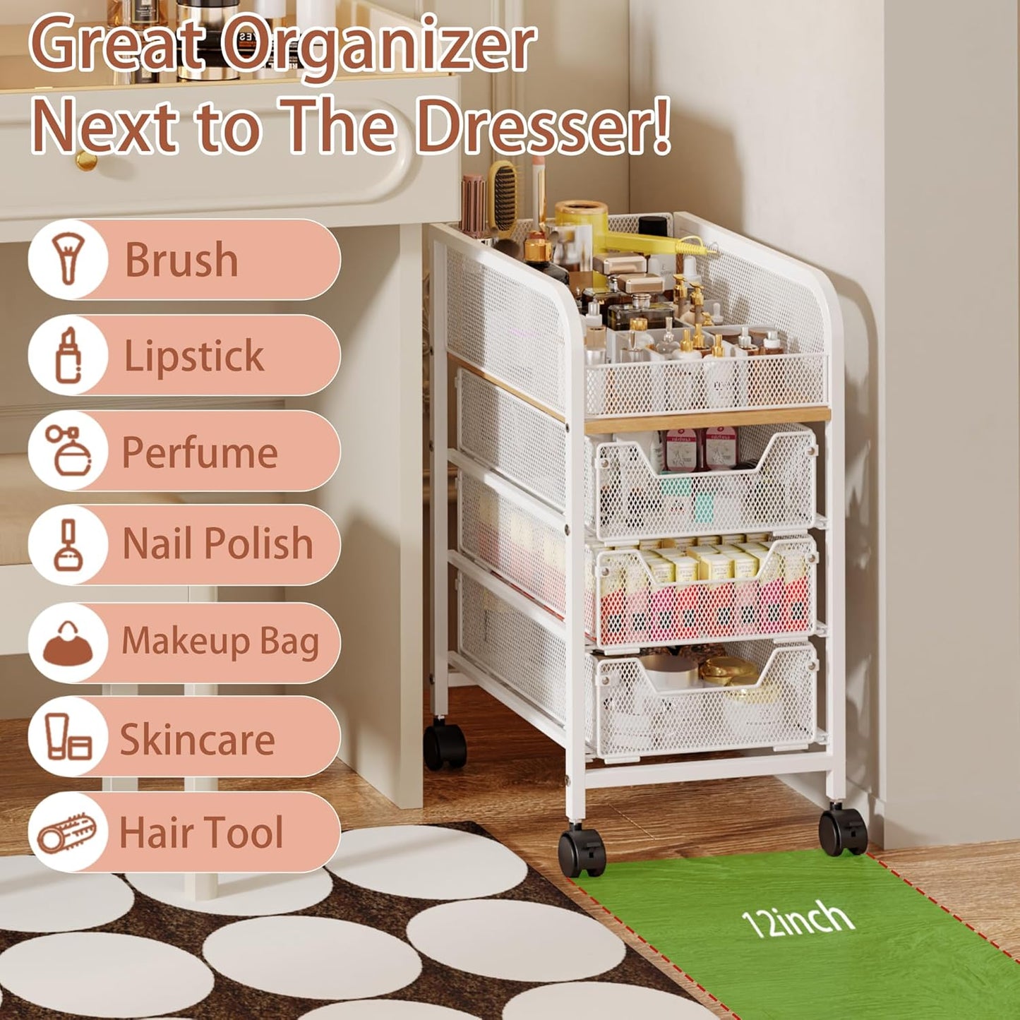 Rolling Makeup Cart Organizer with 3 Drawers, 4-Tier Narrow Floor Skincare Organizers with dividersr