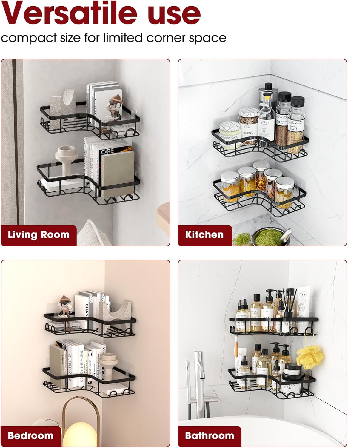 Corner Shower Caddy - 2 Pack, Adhesive Shower Organizers,  with 8 Hooks, No Drilling