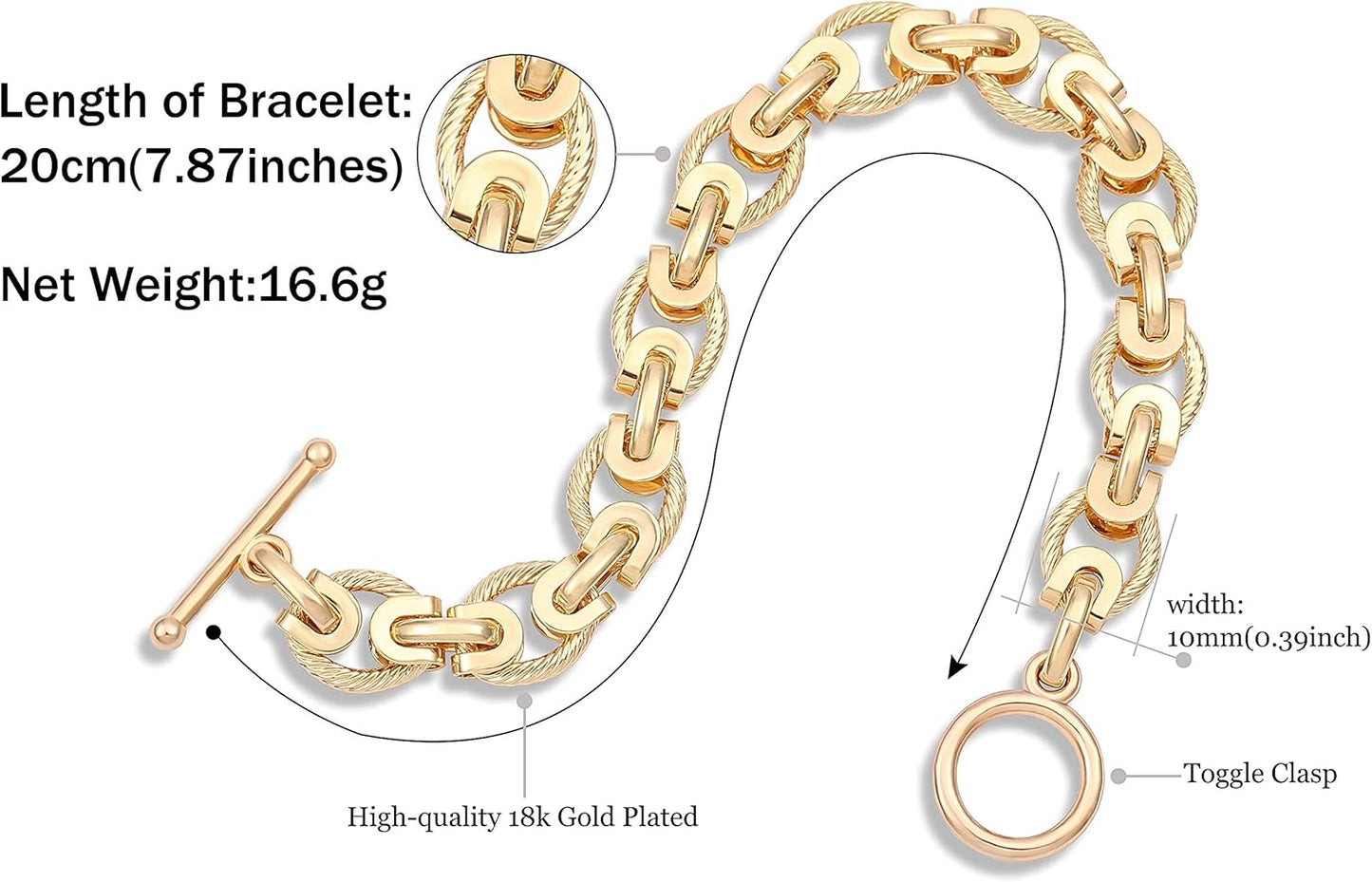 18k Gold Plated Personalized Chunky Cuban Oval Link Chain Bracelets for Men Toggle Rope Bracelet Jewelry for Women