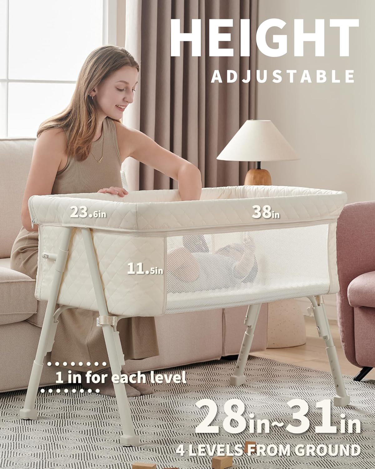 Bassinet Bedside Sleeper,  Baby Sleeper with 4 Auto-Lock & Adjustable Height, Breathable Mesh & Mattress