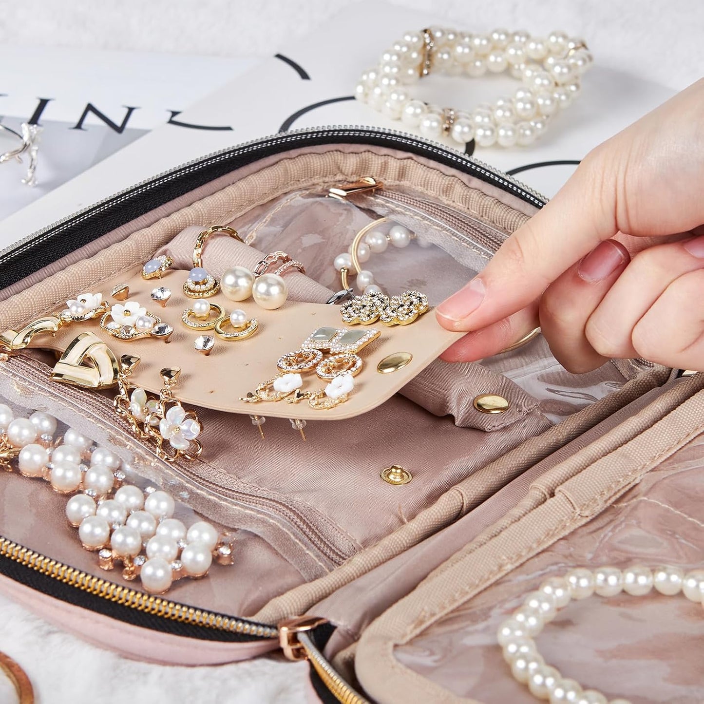 Travel Jewelry Case, Holiday Organizer for Necklaces, Earrings, Rings, Bracelets, Watch, Pink