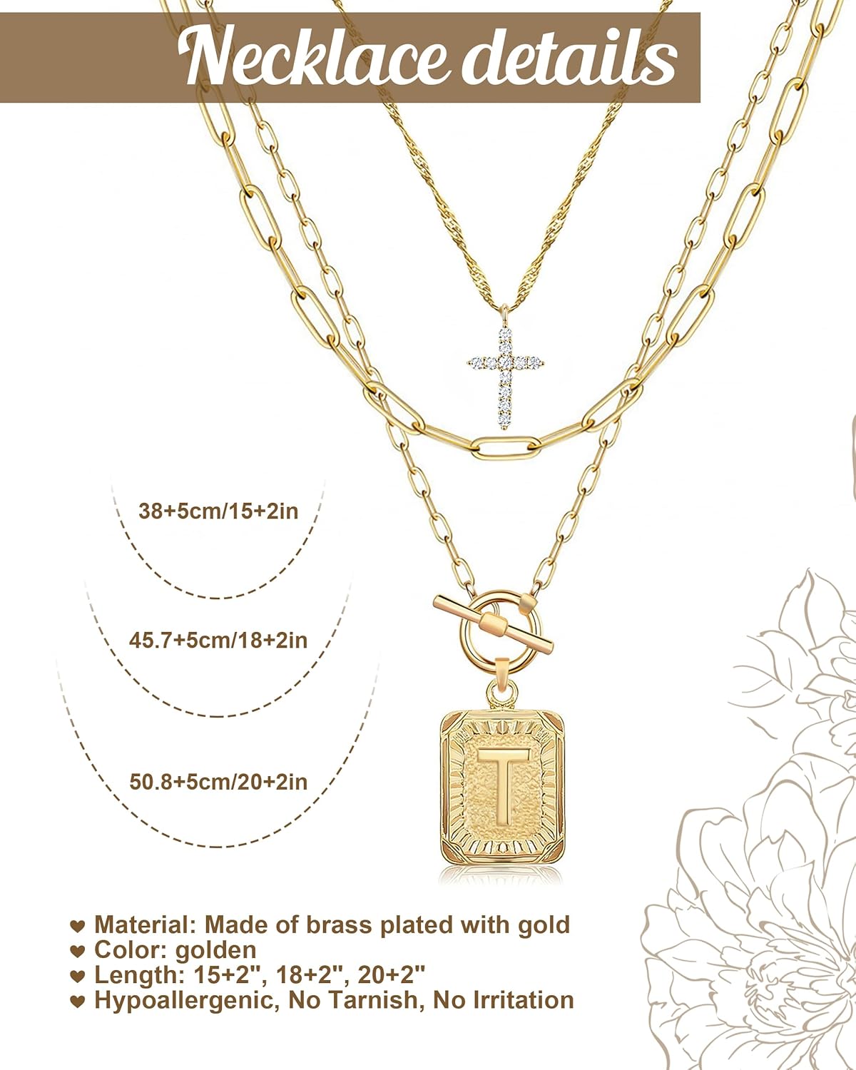 Layered Initial Necklace: 14K Gold Plated with Cross & Letter Pendant, Paperclip Chain, Trendy Jewelry for Women