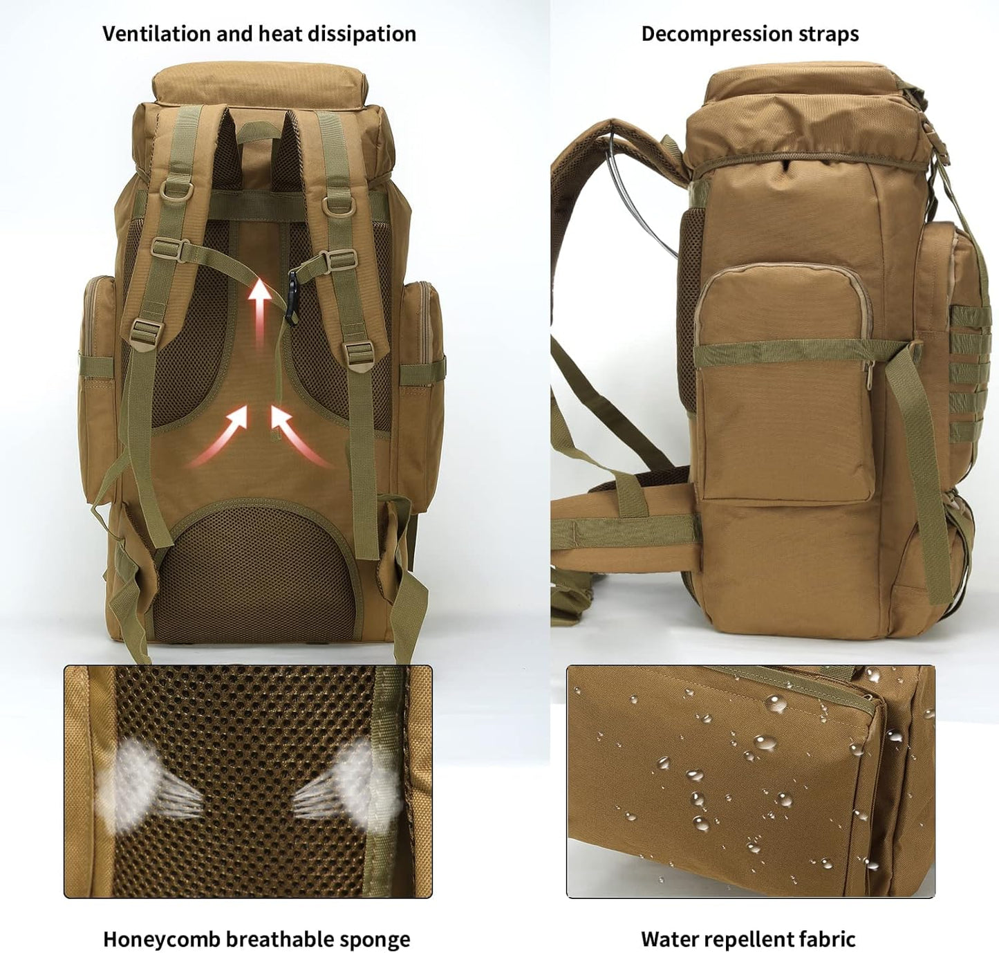 Hiking Backpack for Men 70L Camping Backpack Military Rucksack - 3 Days Assault Pack for Climbing