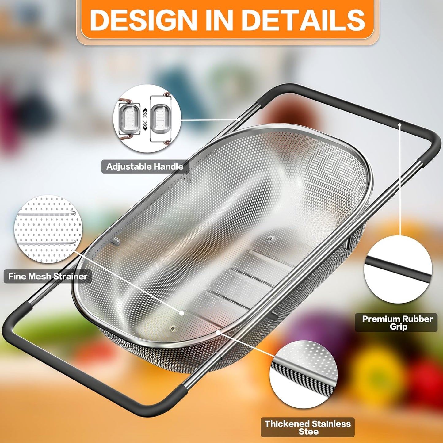 Over the Sink Colander - Strainers and Colanders -Expandable Fine Mesh Strainer with Rubber Grip for Veggie, Fruits, Pasta,
