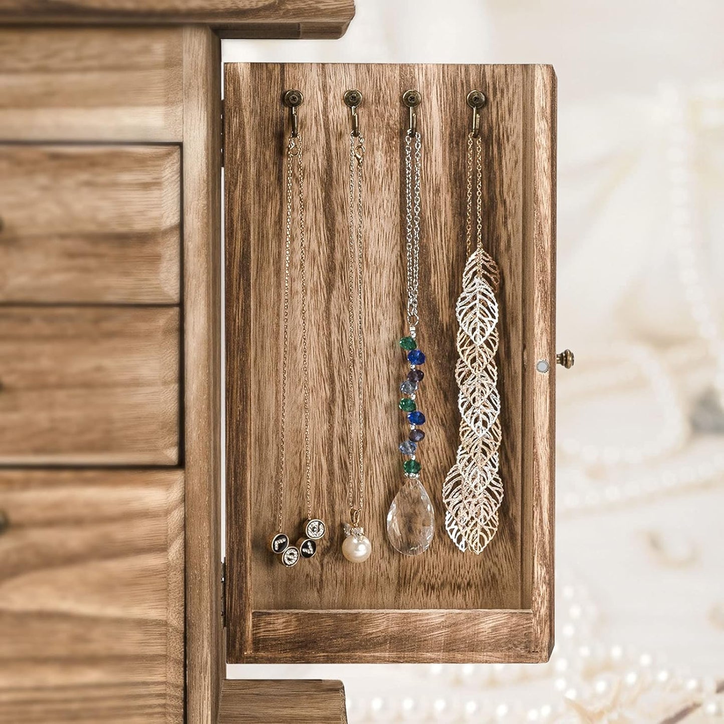 Rustic Wooden Jewelry Boxes & Organizers with Mirror, 4 Layer Jewelry Organizer Box (Rustic Brown)